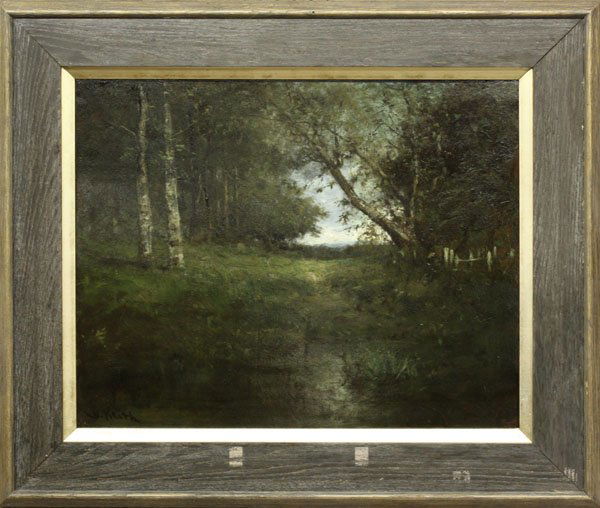 Painting, William Keith, Californian: Framed oil on board, Wooded Landscape, by William Keith (Californian, 1838-1911), signed lower left, sight: 20.5''h x 25.5''w, overall: 30''h x 35''w