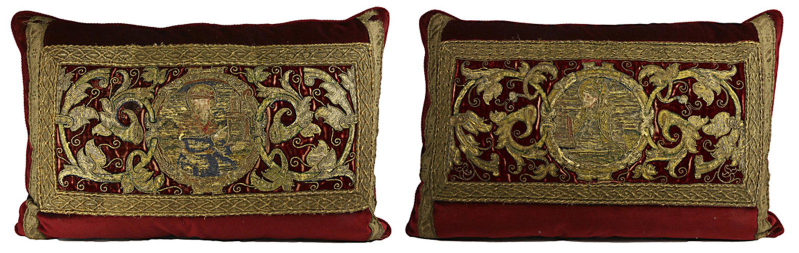 Pair of tapestery pillows: Pair of tapestery pillows, centered with English Renaissance liturgical panels, depicting the Venerable Bede, and St. Aelred, 24"h x 17"w