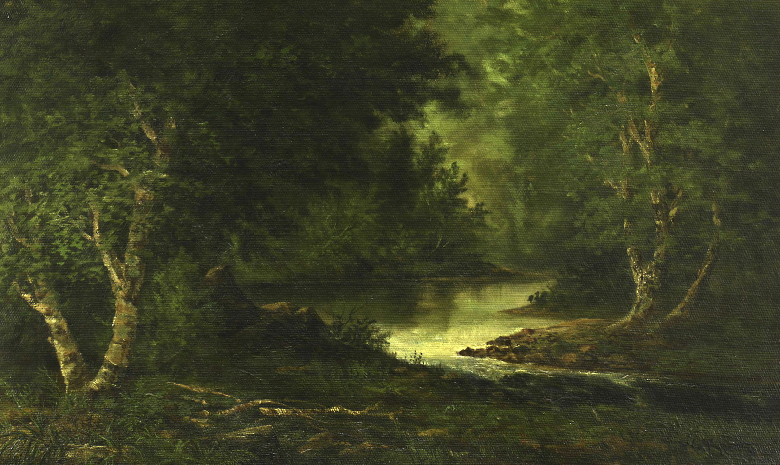 Painting, William Keith: William Keith (American, 1838-1911), Untitled (Stream in the Woods), oil on canvas, signed lower right, canvas: 12"h x 20"w, overall (with frame): 17"h x 25"w