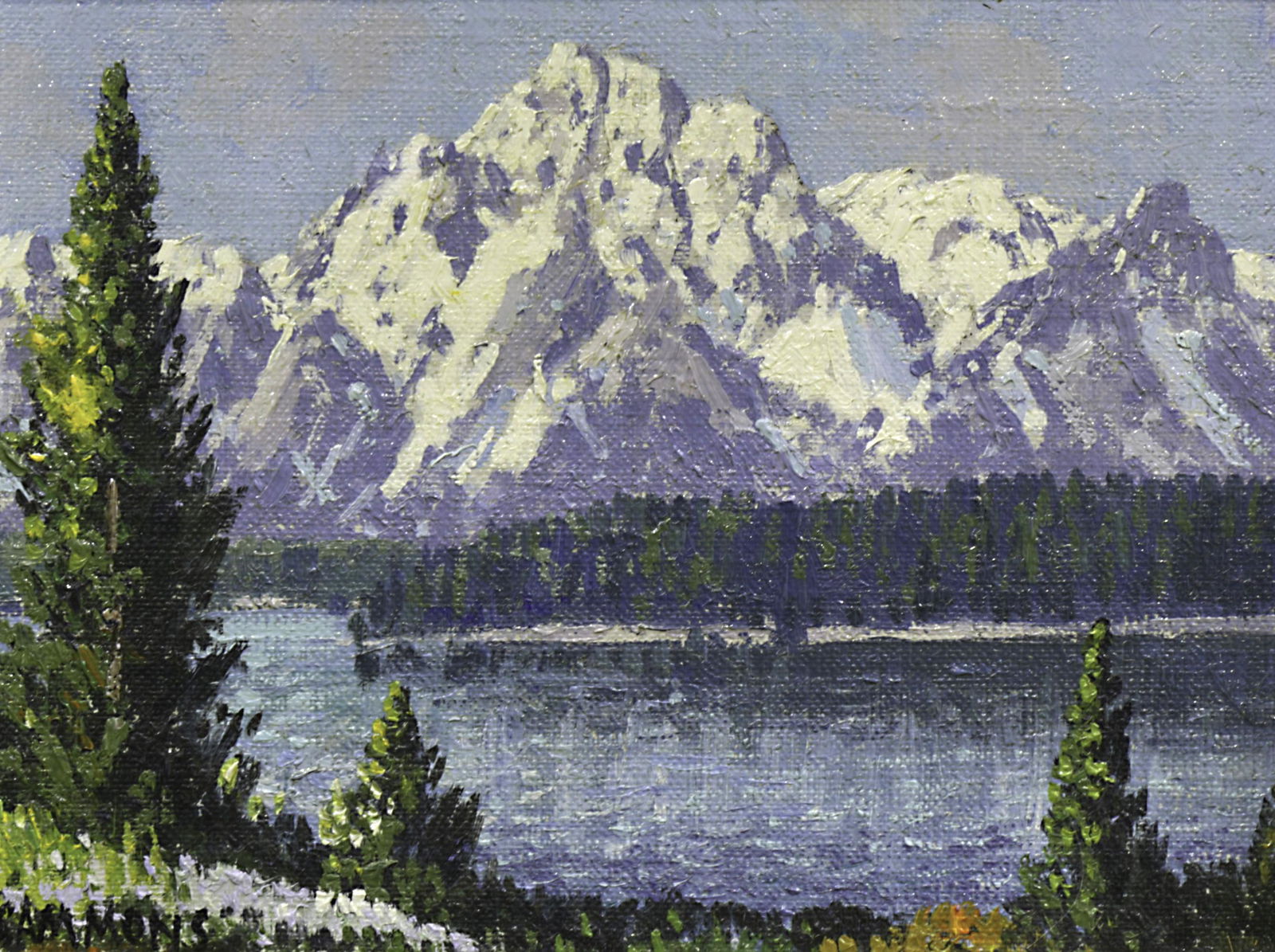 Painting, Carl Sammons: Carl Sammons (American, 1883-1968), "Mount Moran, Jackson Lake, Teton Montains, Wyoming," oil on canvas board, signed lower left, titled verso, canvas board: 6"h x 8"w, overall (with frame): 10.5"h x