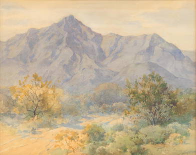 Watercolor, Percy Gray: Percy Gray (American, 1869-1952), "Mount San Jacinto, Palm Springs," watercolor on paper, signed lower right, sight: 15.25"h x 19.25"w, overall (with frame): 28"h x 32"w