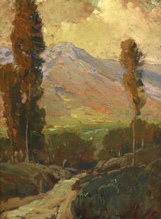 Painting, Hanson Puthuff: Hanson Puthuff (American, 1875-1972), "Glow of Evening," oil on board, signed and titled verso, board: 16"h x 12"w, overall (with frame): 21"h x 17"w