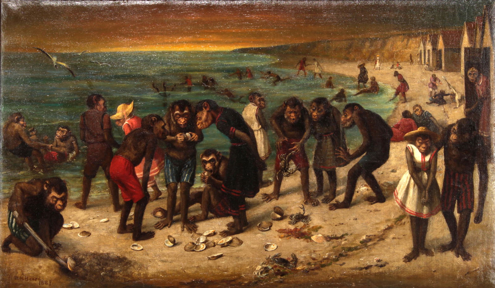Painting, William Holbrook Beard: William Holbrook Beard (American, 1824-1900), "Anthropomorphized Monkeys on the Beach," 1889, oil on canvas, signed and dated lower left, canvas: 18"h x 32"w. Provenance: John Moran Auctioneers, Monro