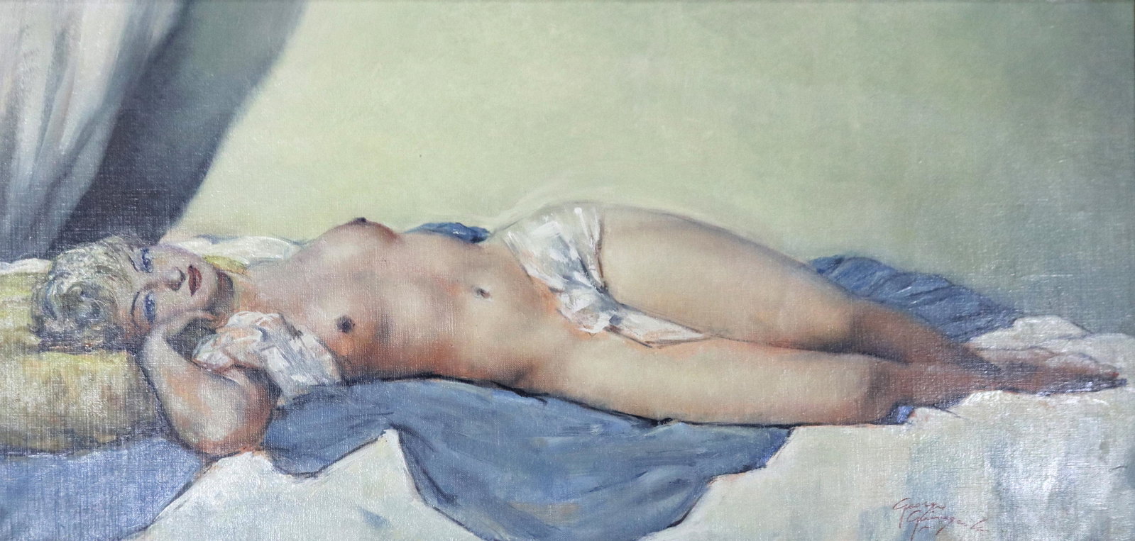 Painting, Georges Guincegarle: Georges Guincegarle (French, b. 1893), Reclining Nude, oil on canvas, signed lower right, canvas: 18.5"h x 38"w, overall (with frame): 25.25"h x 44.75"w