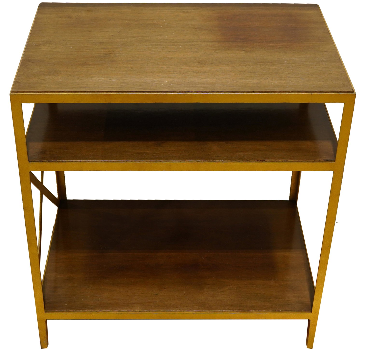 A Moderne occasional table: A Moderne occasional table, having a rectangular top, above two tiers, with gilt decorated legs, 25,5"h x 24"w x 16"d
