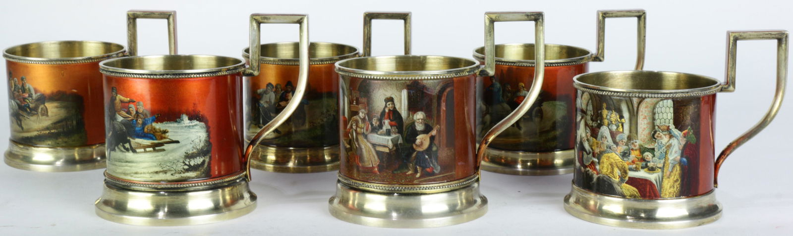 (lot of 6)  A Russian silver gilt enameled tea holder (1 of 2)