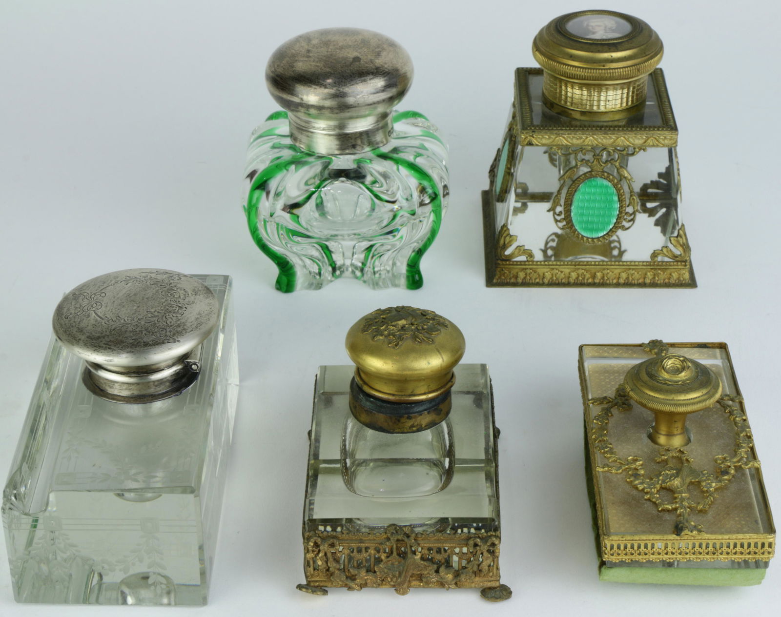 (lot of 5) A group of French or English glass inkwells (1 of 5)
