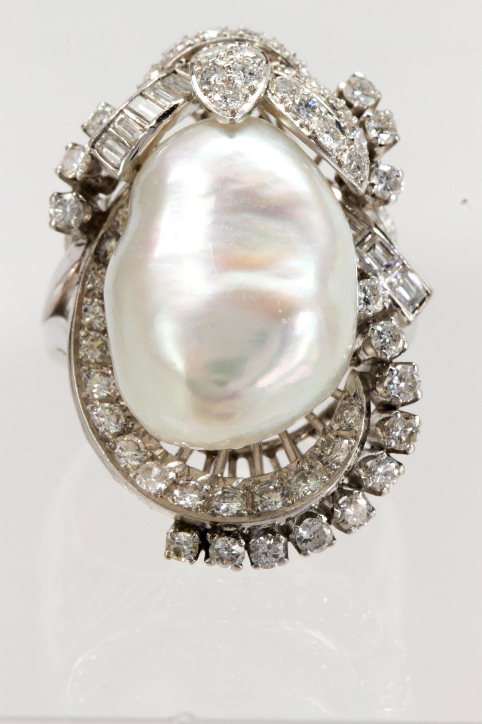Cultured pearl, diamond, platinum ring (1 of 4)
