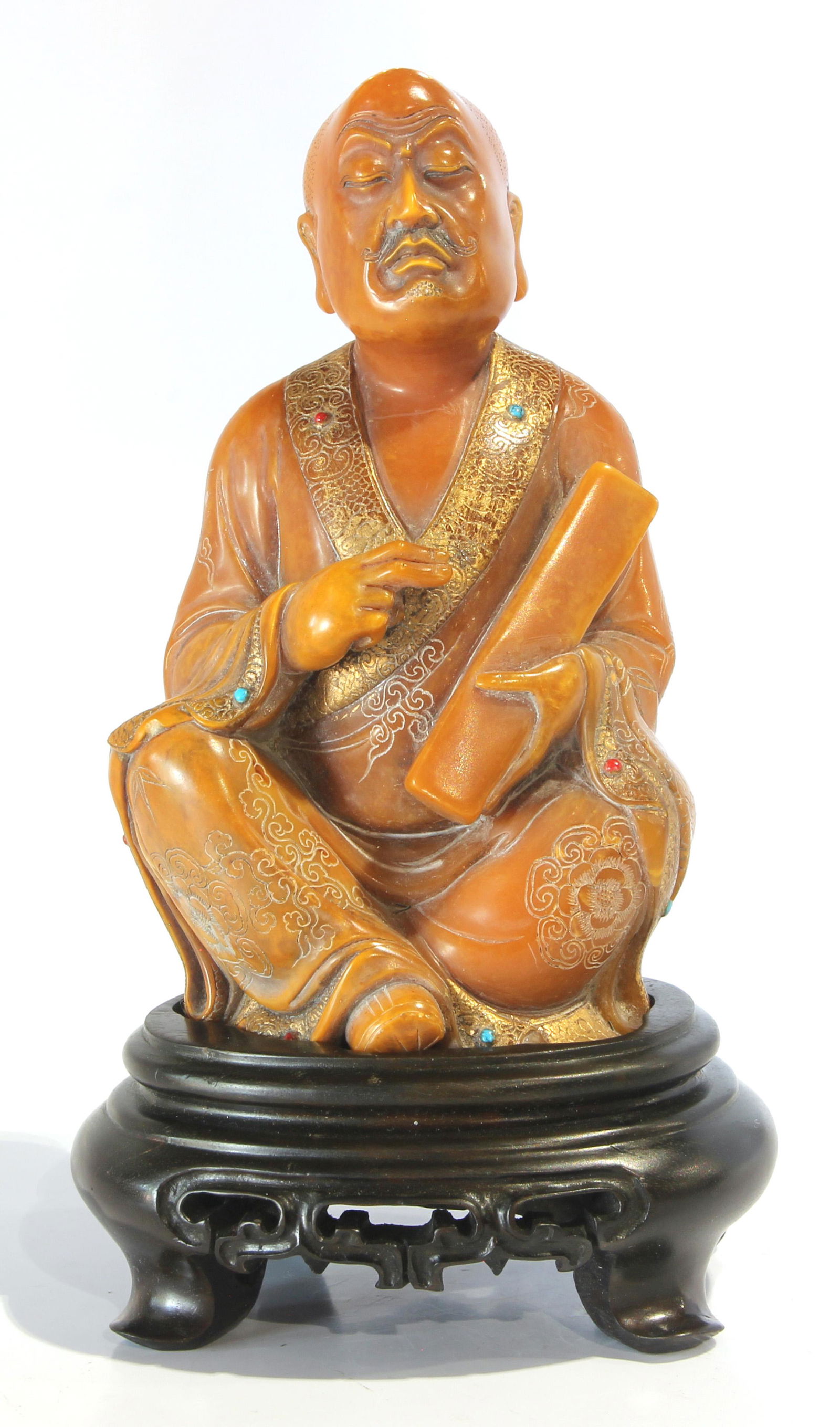 Chinese jeweled inlaid soapstone carving of a Scholar (1 of 3)