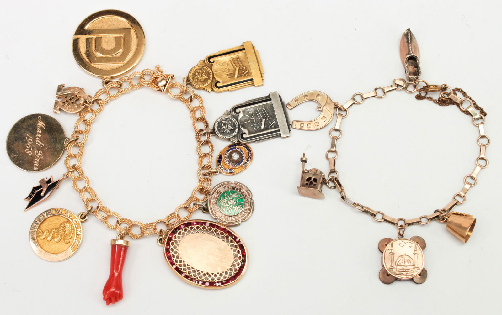 (Lot of 2) Diamond, coral, garnet, enamel, yellow gold, (1 of 1)