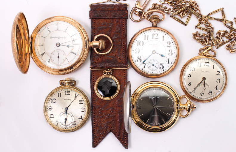 Collection Of (5) Gold Filled Pocket Watches And Charms