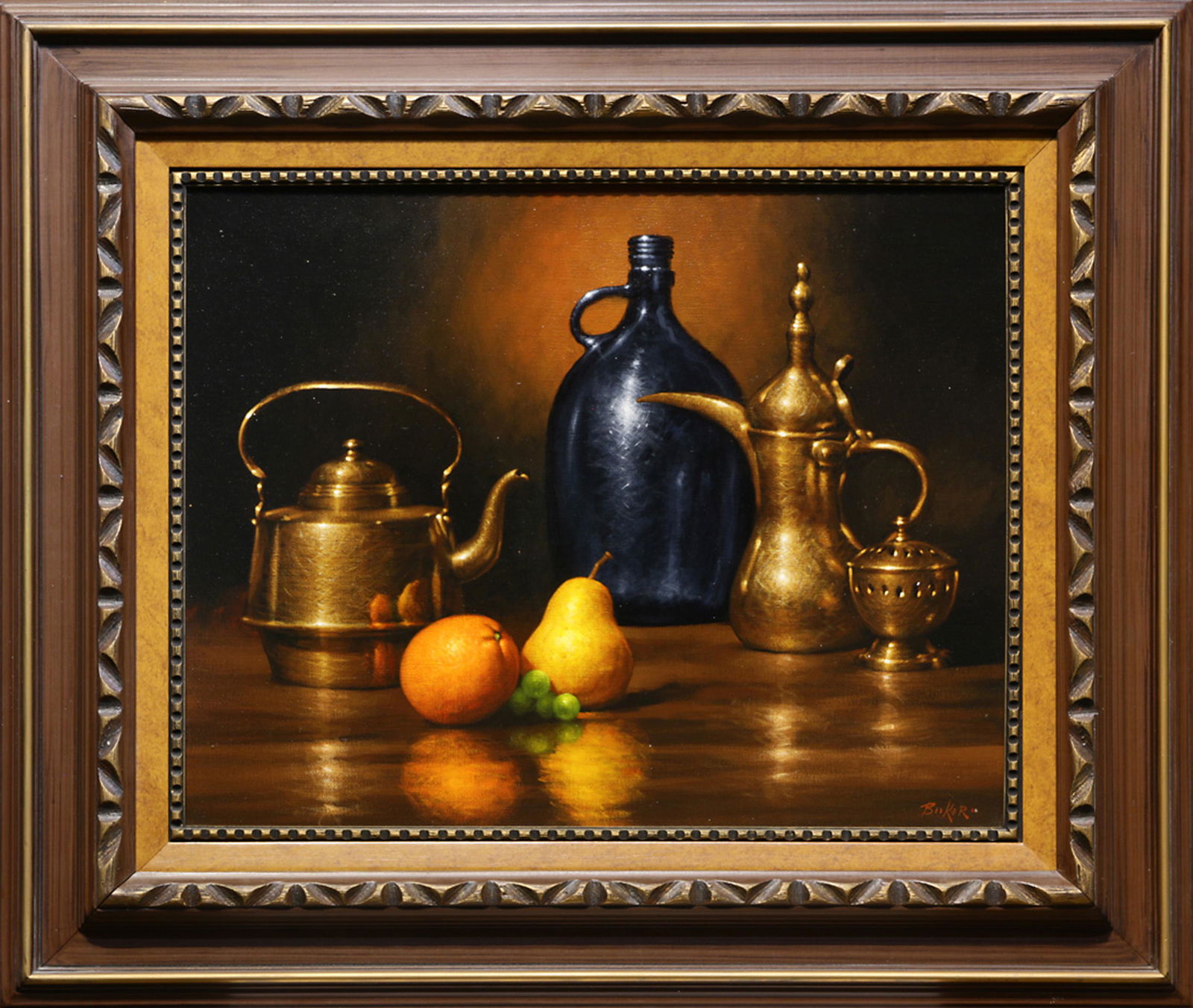 Painting, Still Life with Fruit and Silver: American School (20th century), Still Life with Fruit and Silver, oil on canvas, signed "Booker" lower right, gallery label (Swanson Art Galleries, SF, CA) affixed verso, overall (with frame): 25"h x