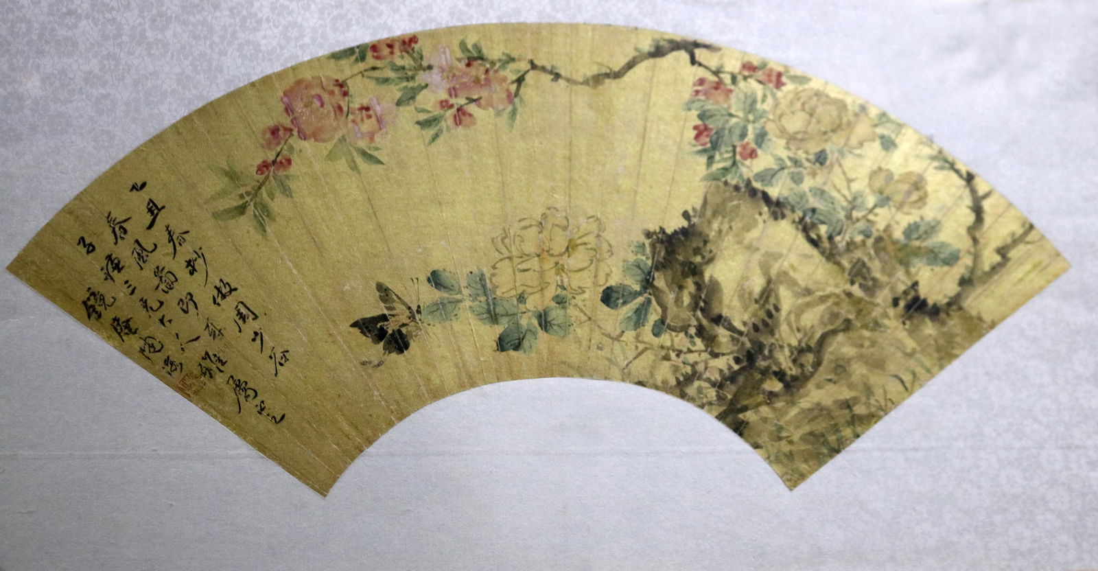 A framed Asian fan painting of butterfly, roses and (1 of 1)