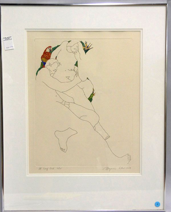 Framed drawing, Weyman Lew: Framed lithograph, ''At Long Last'' signed Weyman Lew 1977 37/75 lower right, sight size 19'' x 15.5'', frame 29''h x 23''w