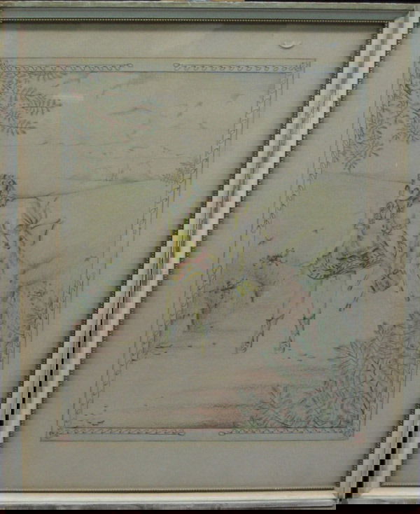 3 framed pieces of art, painted mirror: (lot of 3) Framed crayon drawing, Mary and Her Little Lamb, signed indistinctly lower right (Leonard Edward Forgek?); Framed decorative mirrors