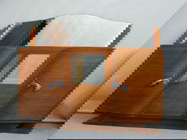 French Art Deco Rosewood Dining Set: French Art Deco rosewood veneered dining suite including buffet, (71'' x 18'' x 59'') sideboard (51'' x 18'' x 57''), table (60''l x 37''w x 29''h) and eight red velvet upholstered chairs (19'' x 27''