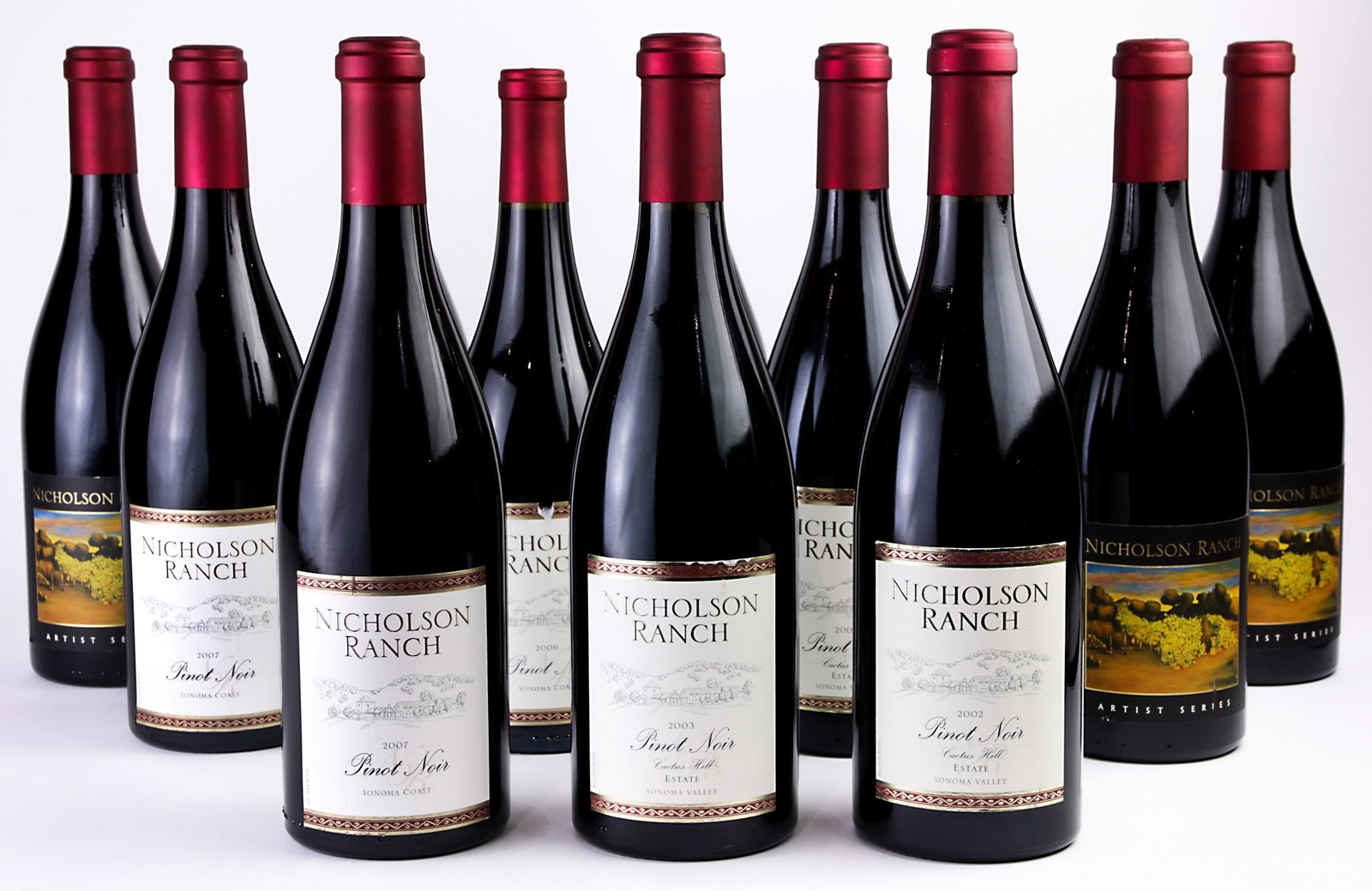 (lot of 12) A Nicholson Ranch Winery Pinot Noir group: (lot of 12) A Nicholson Ranch Winery Pinot Noir group, consisting of Sonoma Coast 2006 and (2) 2007, Cactus Hill Sonoma Valley (2) 2002 and 2003, and (6) Cactus Hill Sonoma Valley Artist Series, each 
