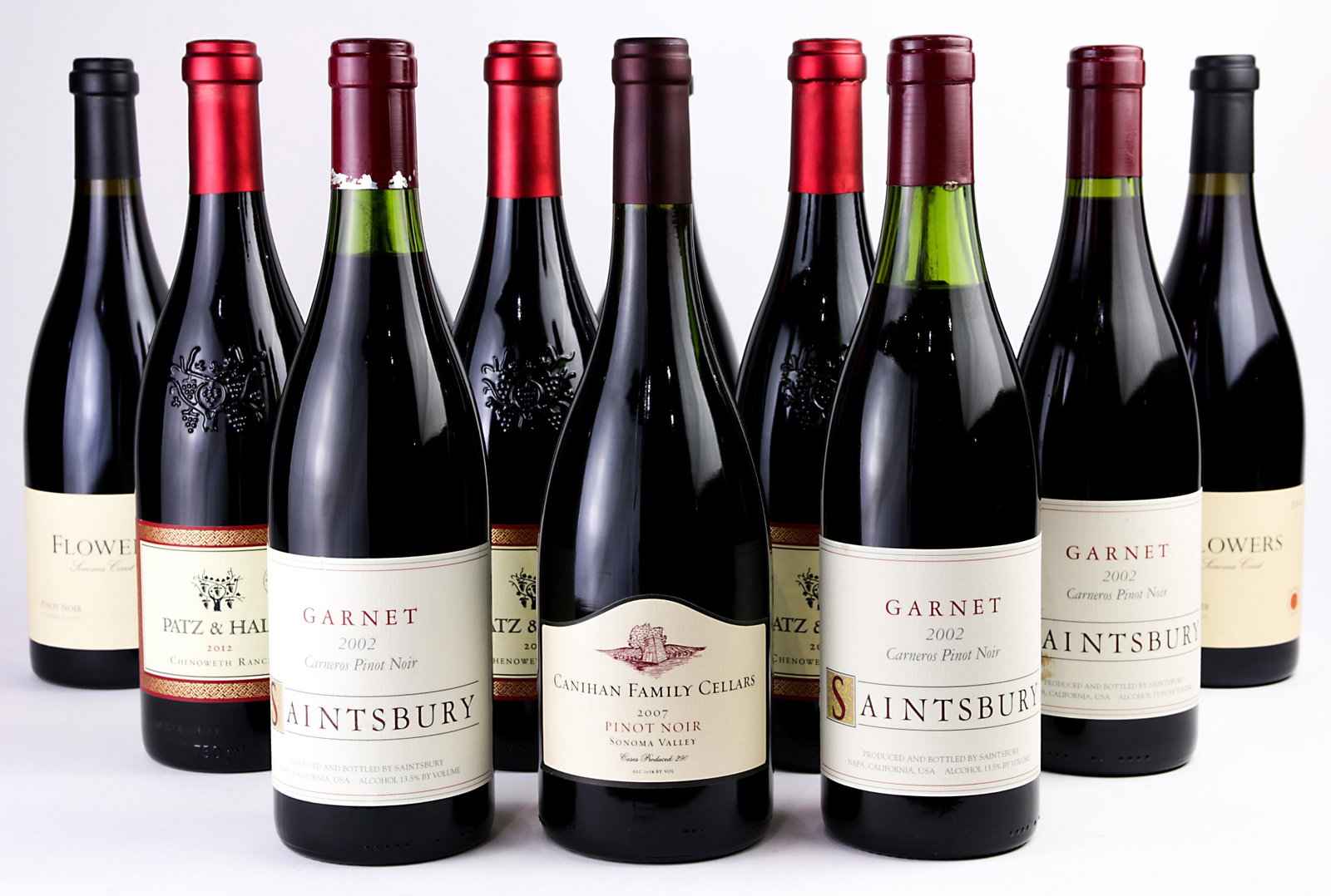 (lot of 12) A California Pinot Noir wine group: (lot of 12) A California Pinot Noir wine group, consisting of Flowers Sonoma Coast 2002 and (4) 2001, (3) Patz and Hall 2012 Chenoweth Ranch, (3) Saintsbury 2002 Carneros, Canihan Family Cellars 2007 
