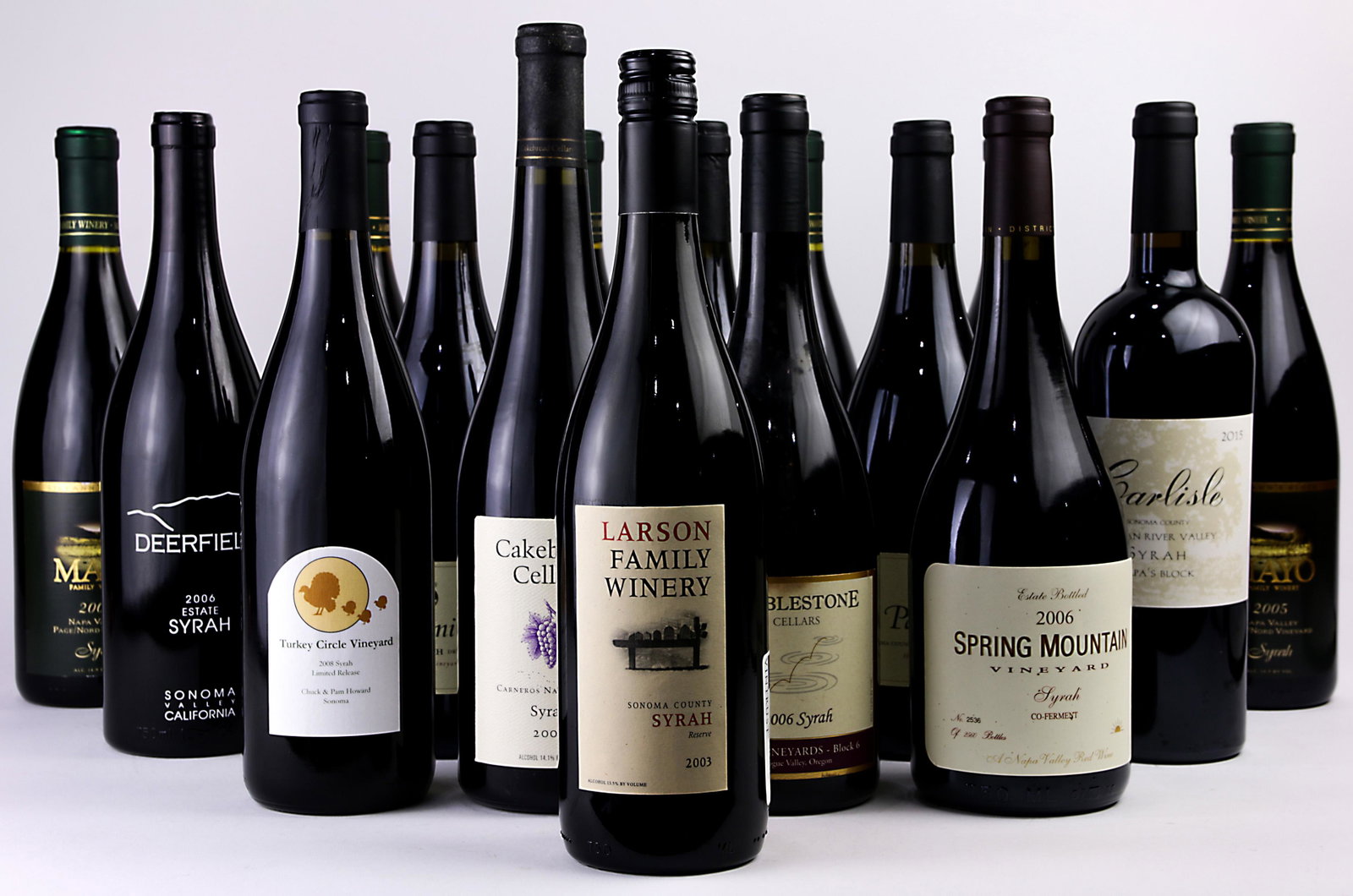 (lot of 16) A mostly California Napa and Sonoma Valley: (lot of 16) A mostly California Napa and Sonoma Valley wine group, consisting of Mayo Family Winery 2008 Unti Vineyard Petit Syrah, (2) 2004 and 2005 Page/Nord Vineyard Syrah, 2008 Unti Vineyard Petit