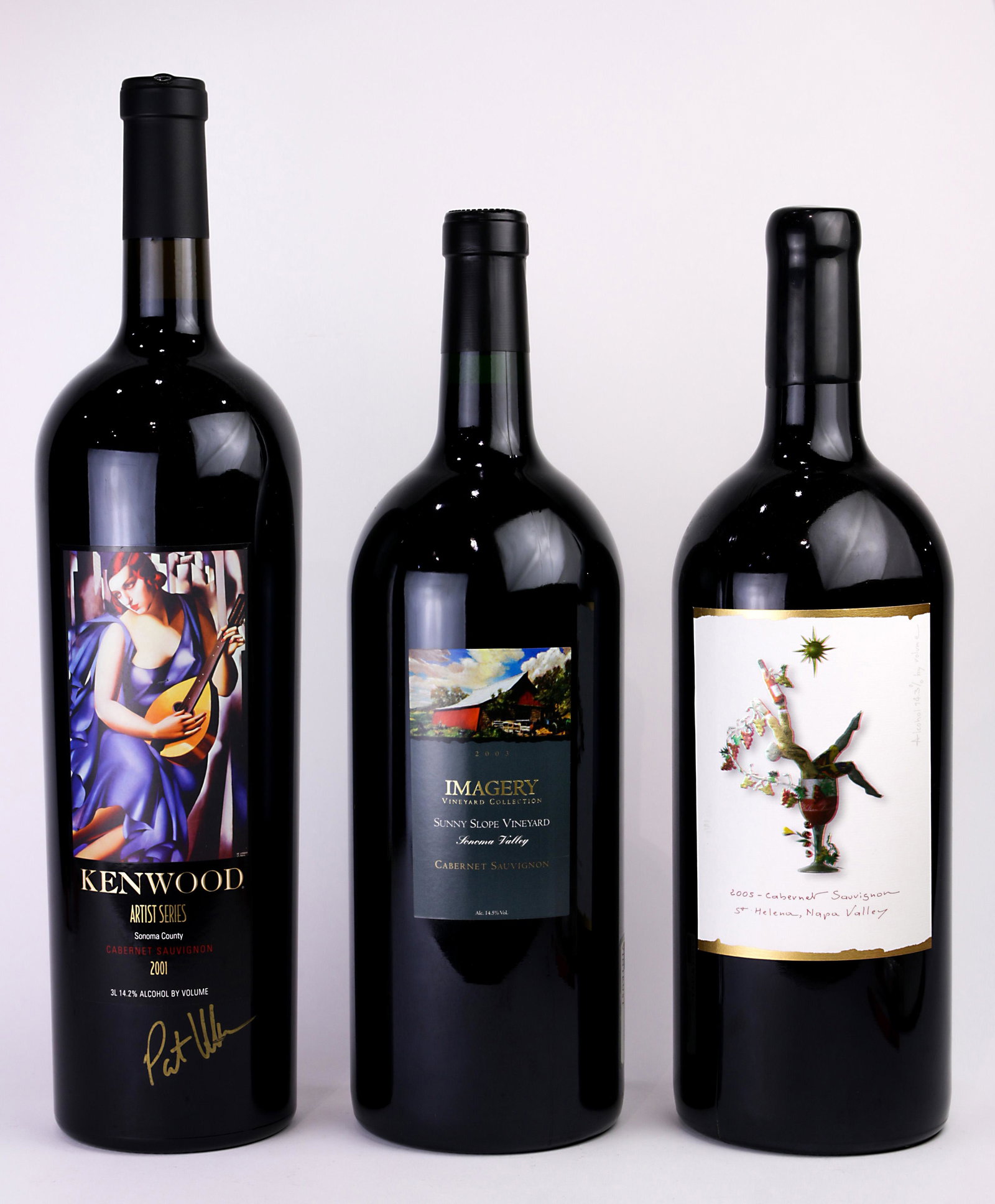 A large format California wine group: (lot of 3) A large format California wine group, consisting of a 2005 Kelham Vineyards Cabernet Sauvignon, St. Helena, Napa Valley, signed by Susanna Kelham and Hamilton Nicholsen, a 2003 Imagery Sunn