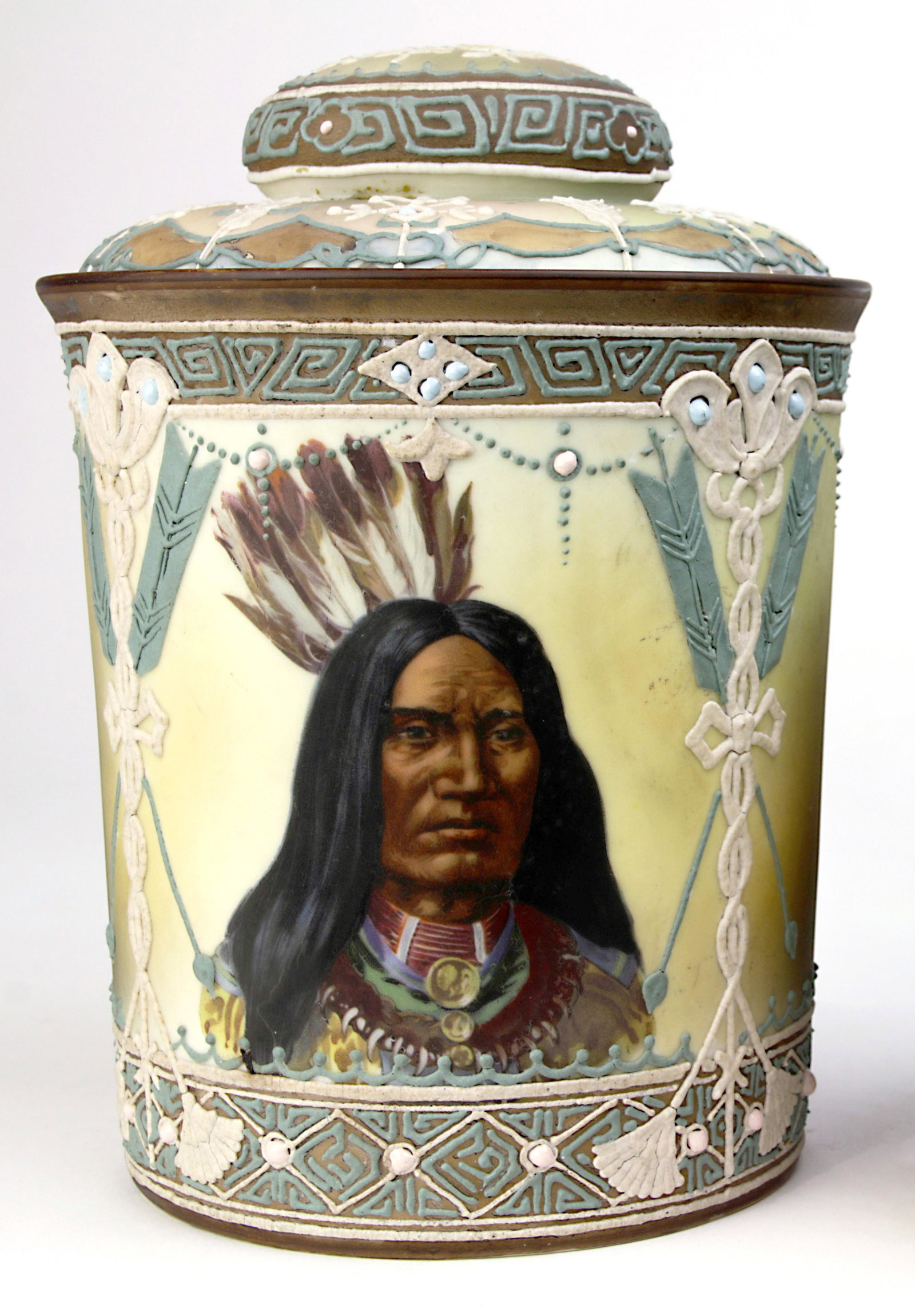 Nippon hand painted porcelain portrait humidor: Nippon hand painted porcelain portrait humidor depicting a Native American, late 19th/early 20th century, 7.5"h x 5"w