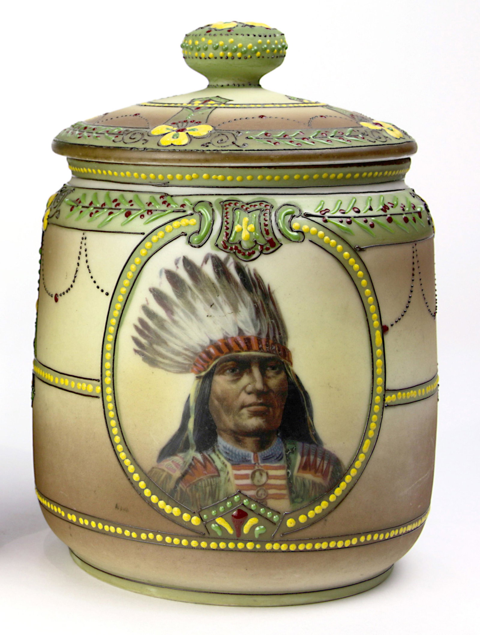 A hand painted Nippon porcelain portrait humidor: A hand painted Nippon porcelain portrait humidor depicting a Native American chief, late 19th / early 20th century, imported by Morimura brothers, 6.5"h