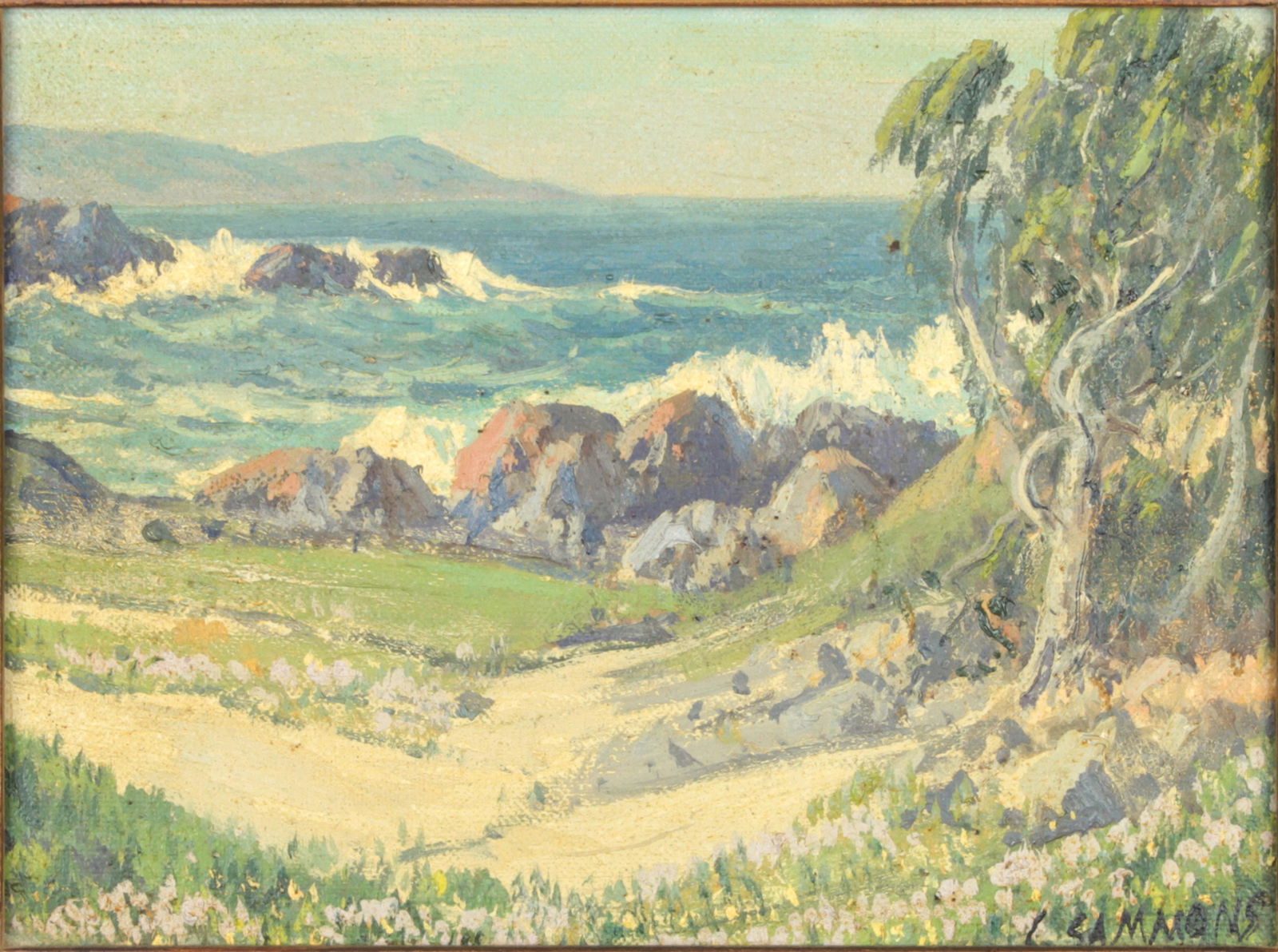 Painting, Carl Sammons: Carl Sammons (American, 1883-1968), "Cypress Trees - 17 mile Drive - Carmel by the Sea," oil on canvas board, signed lower right, titled verso, sight: 5.5"h x 7.5"w, overall (with frame): 10.25"h x 12