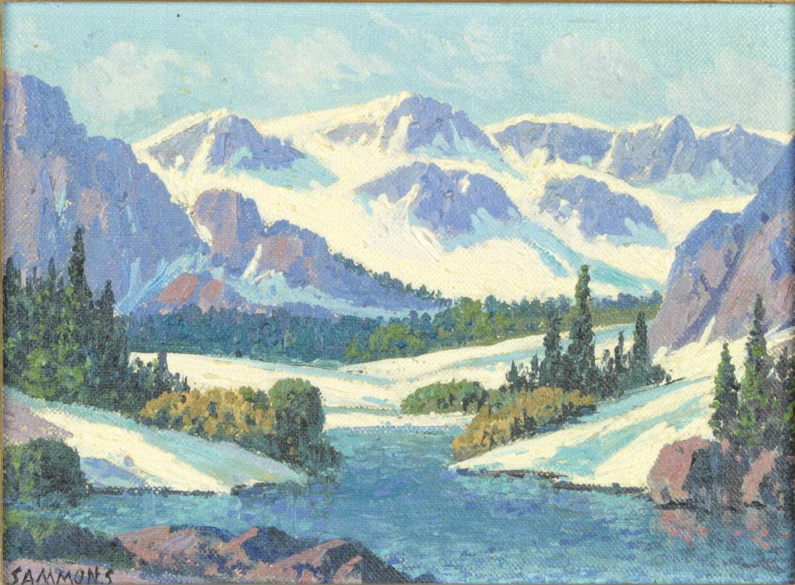 Painting, Carl Sammons: Carl Sammons (American, 1883-1968), "Mammoth Lake Section - High Sierra," oil on canvas board, signed lower left, titled verso, board: 6"h x 8"w, overall (with frame): 10.25"h x 12.25"w