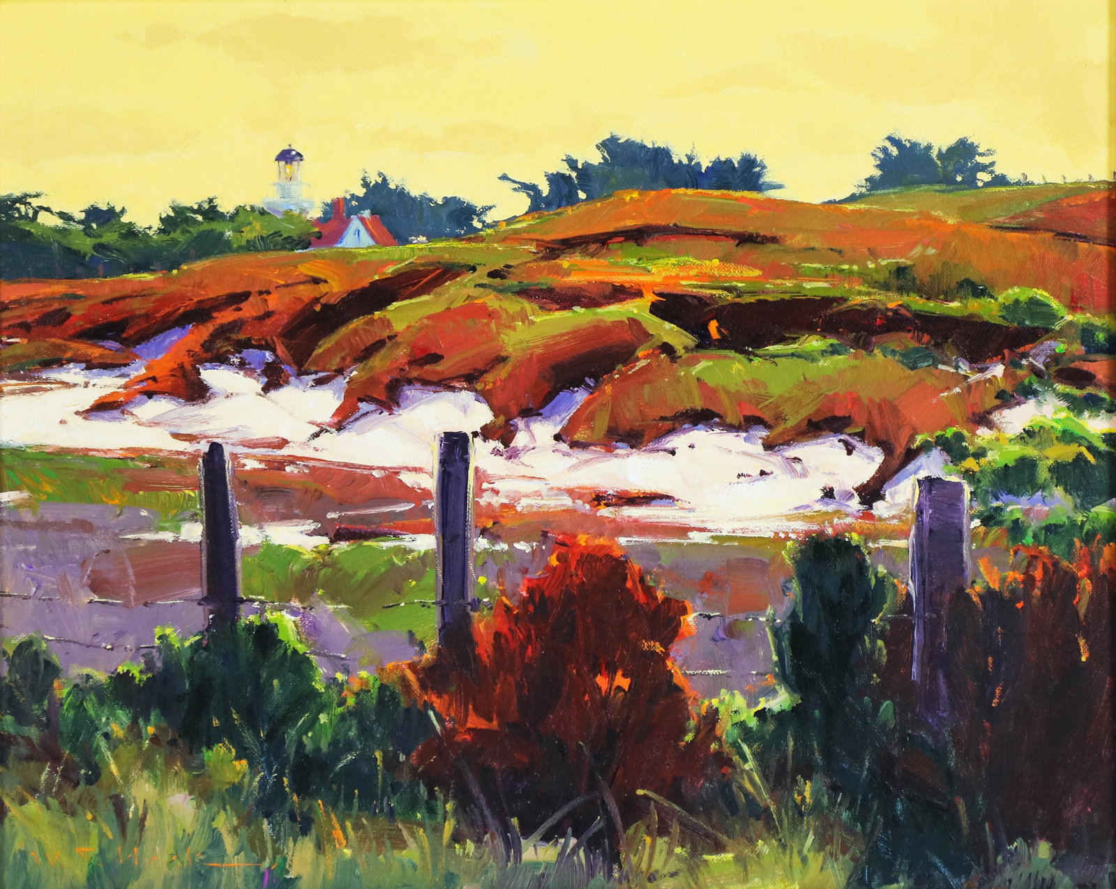 Painting, William Hook: William Hook (American, b. 1948), "Morning Lighthouse," acrylic on canvas, artist title label affixed verso, canvas: 16"h x 20"w, overall (with frame): 22.25"h x 26.25"w