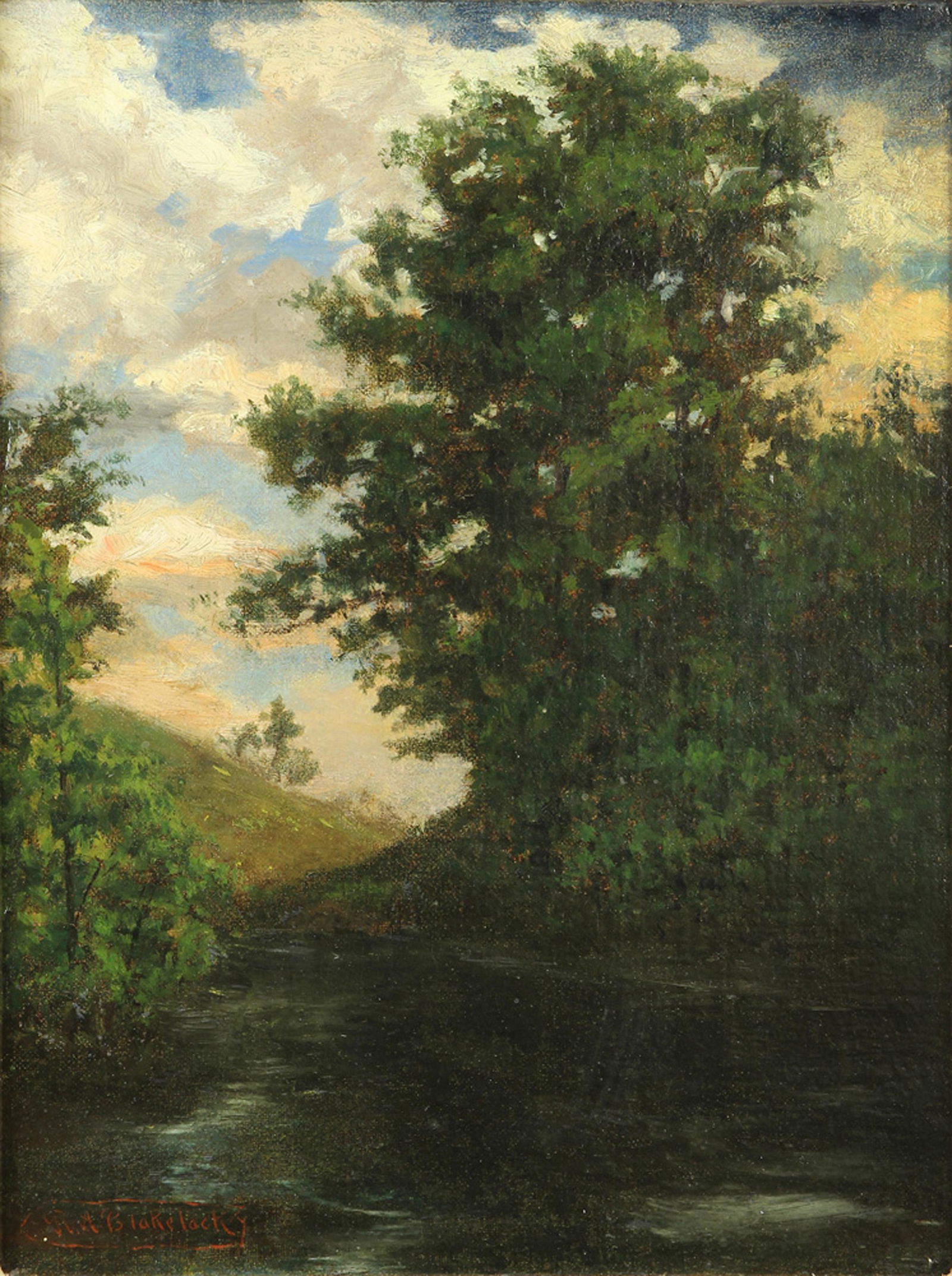 Painting, Ralph Albert Blakelock: Ralph Albert Blakelock (American, 1847-1919), "Trees by a Stream," oil on canvas, signed lower left, canvas: 14"h x 10.5"w, overall (with frame): 20.5"h x 17.25"w. Provenance: Originally from the Priv