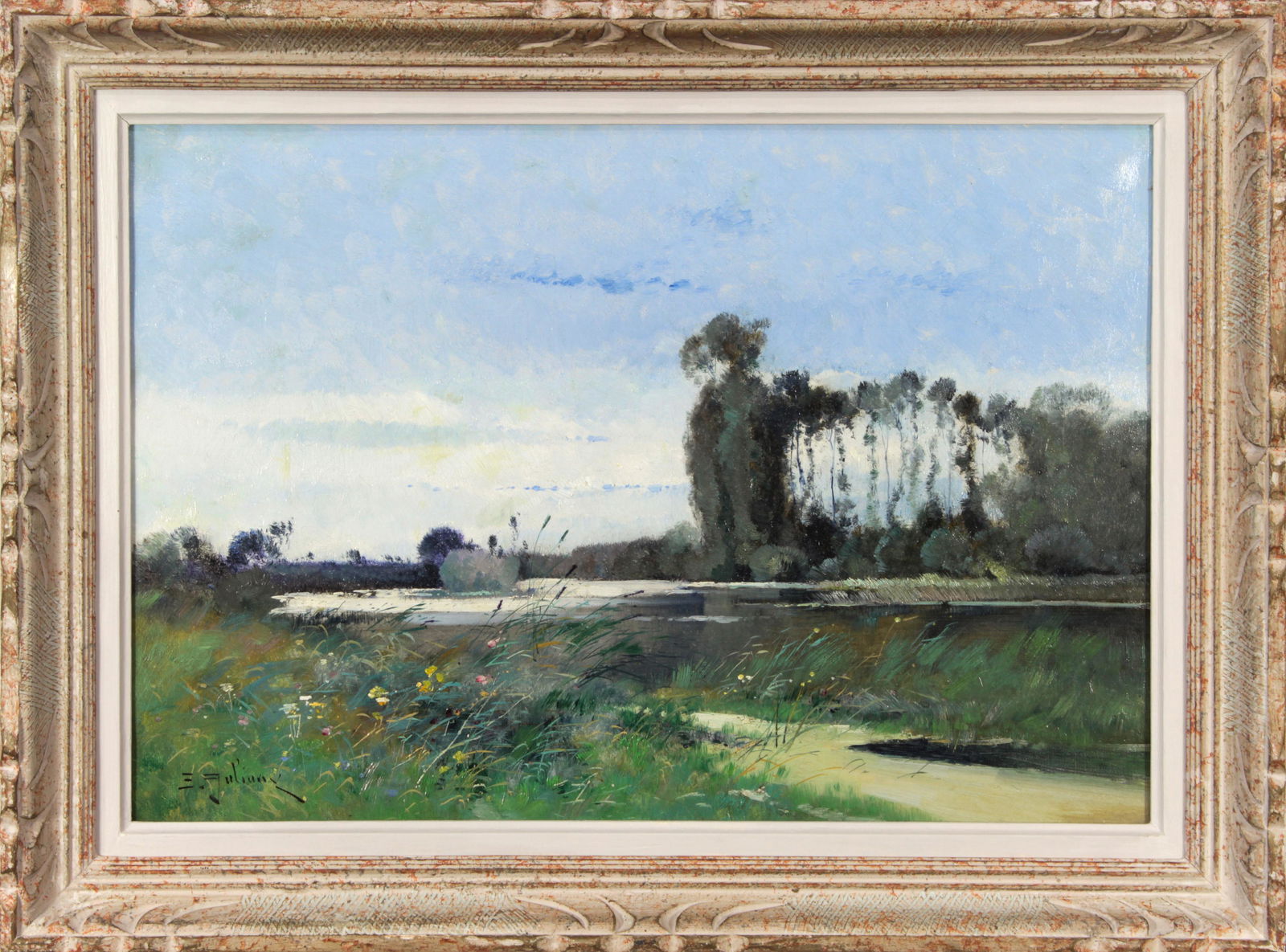 Painting, Eugene Galien-Laloue: Eugene Galien-Laloue (French, 1854-1941), "River Landscape," oil on canvas, signed lower left, canvas: 17"h x 24"w, overall (with frame): 19.25"h x 26"w. Note: Accompanied by COA from Leighton Fine Ar