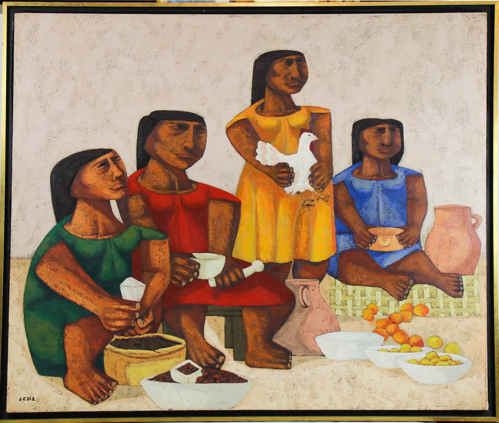 Painting, Juana Elena Diz: Juana Elena Diz (Argentinian, b. 1925), "Mercado," 1965, oil on canvas, signed lower left, signed, dated and titled verso, canvas: 47"h x 55"w, overall (with frame): 49.7"h x 57.5"w