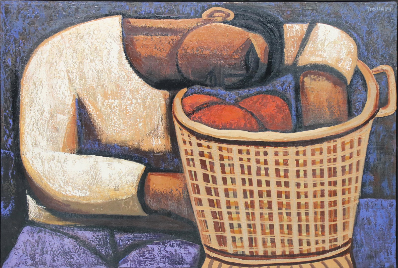 Painting, Mario Miguel Mollari: Mario Miguel Mollari (Argentinian, 1930-2010), Woman with Basket, oil on canvas, signed upper right, canvas: 31.5"h x 47"w, overall (with frame): 34"h x 50"w