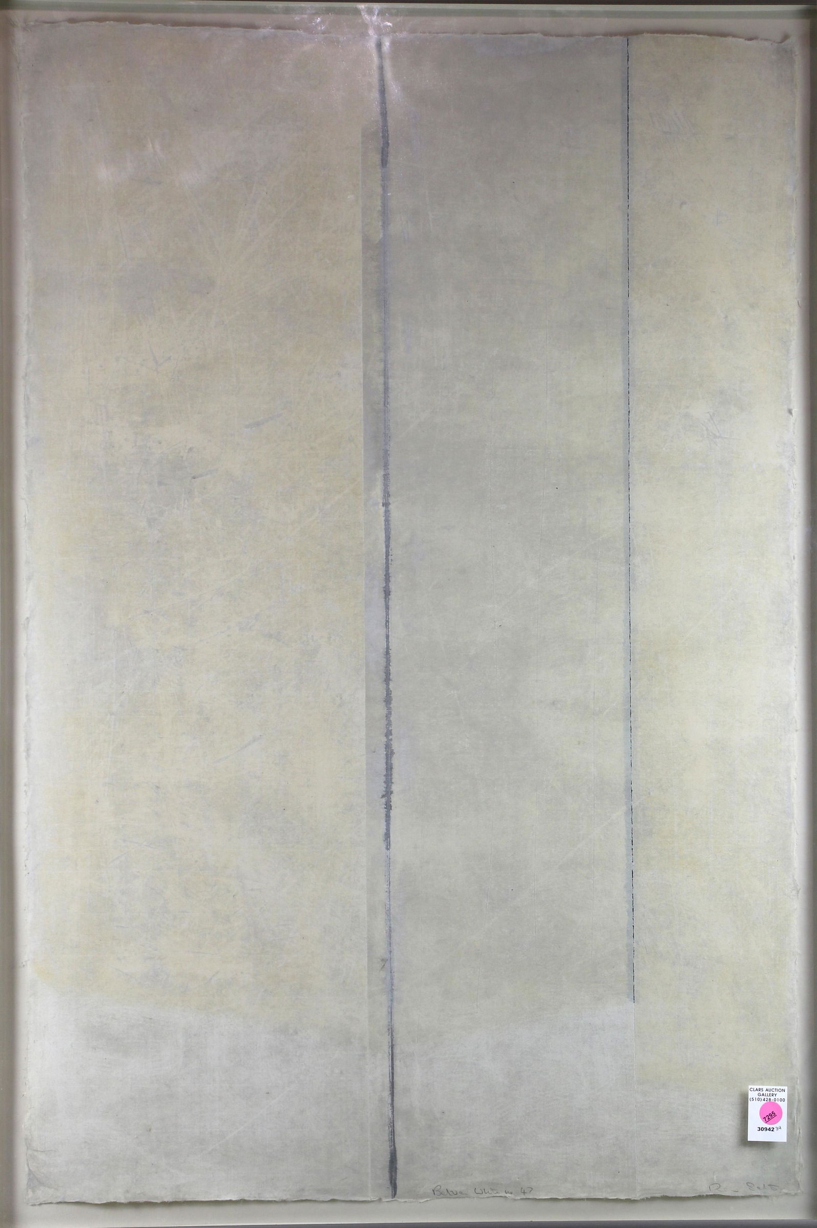 Mixed Media, Rebecca Salter: Rebecca Salter (British, b. 1955), "Between White No. 47," 1985, mixed media on Japanese paper, pencil signed lower right, titled lower center, sheet: 37.5"h x 25"w, overall (with frame): 39.75"h x 27