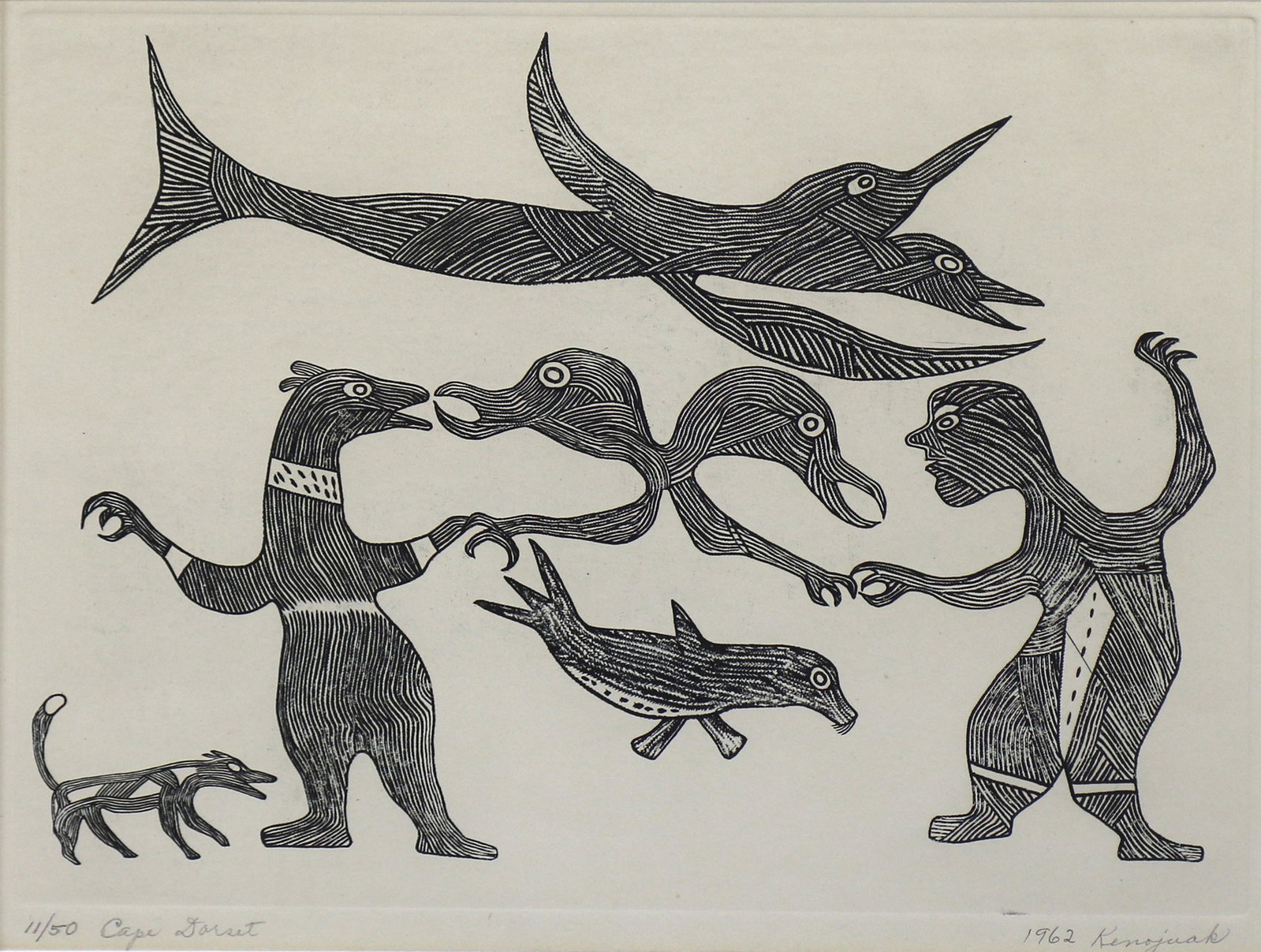 Print, Kenojuak Ashevak: Kenojuak Ashevak (Inuit, 1927-2013), "Cape Dorset," 1962, etching, pencil signed and dated lower right, titled lower left, edition 11/50, image: 8.75"h x 11.75"w, overall (with frame): 16.25"h x 18.75