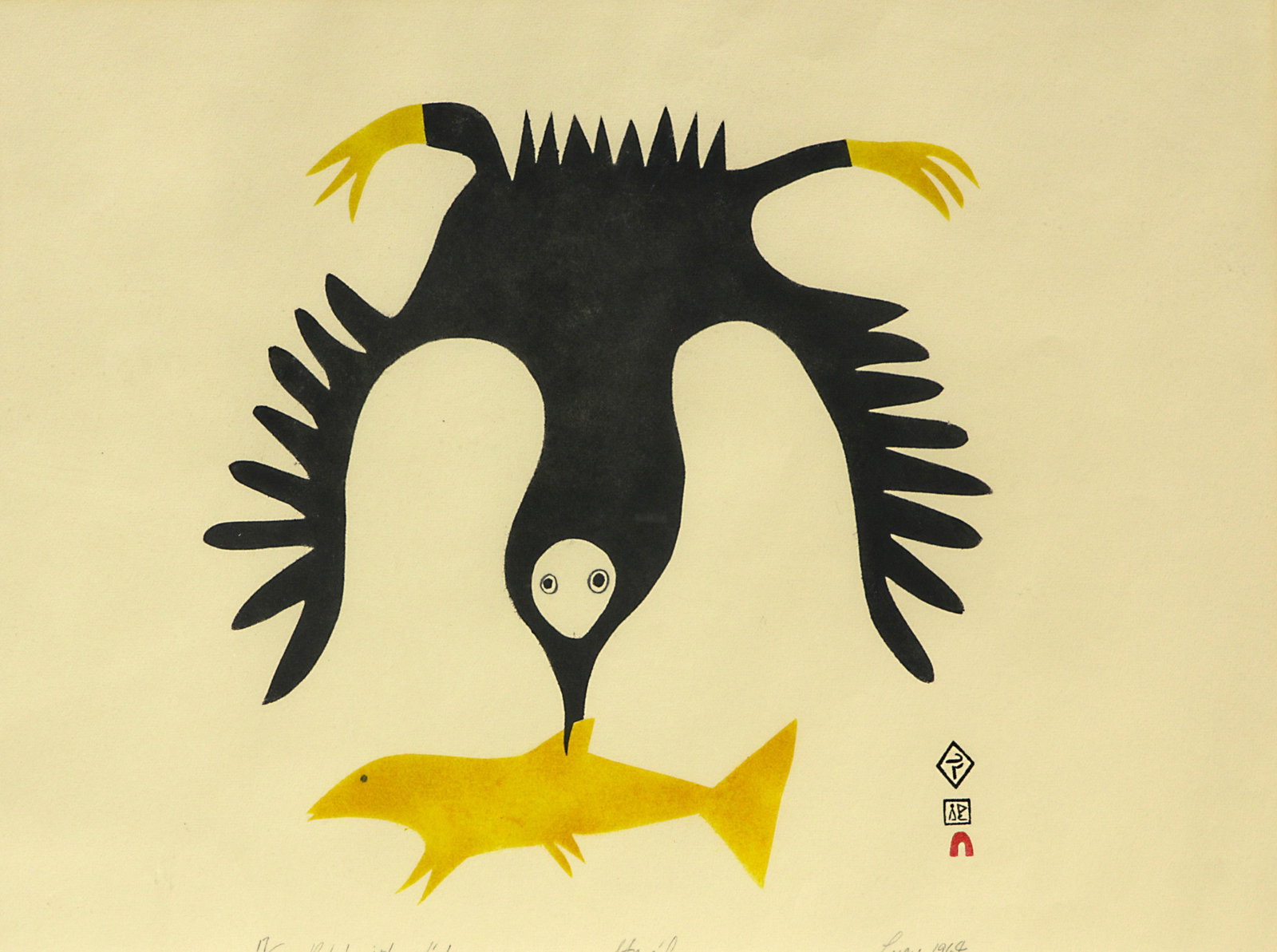 Print, Lucy Qinnuayvak: Lucy Qinnuayvak (Inuit, 1915-1982), "Bird with a Fish," 1964, stencil print, pencil signed and dated lower right, titled lower left, edition 17/50, sight: 15.75"h x 20.75"w, overal (with frame): 24.25