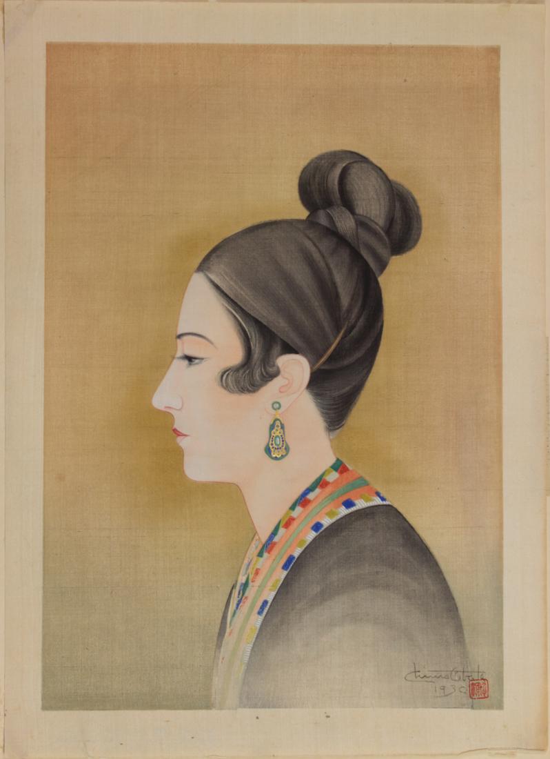 Print, Chiura Obata: Chiura Obata (American/Japanese, 1885-1975), "Madam Talia Savanieva (Before Singing)," 1930, woodblock print in colors on silk, signed and dated lower right, artist's stamp lower right, image: 15.75"h
