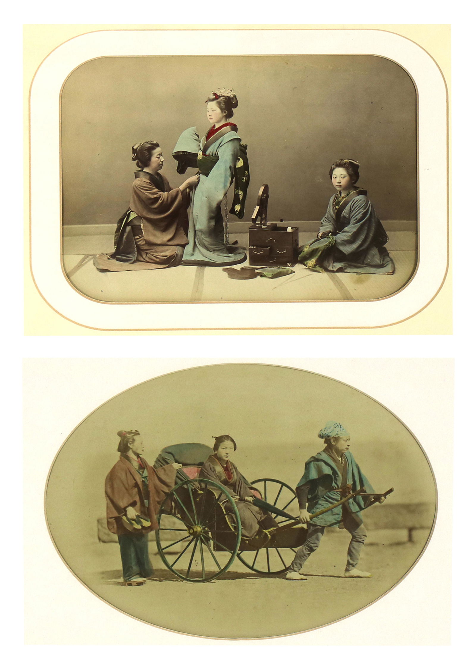 Photographs, Attributed to Felice Beato: (lot of 2) Attributed to Felice Beato (British/Italian, 1825-1908), Rickshaw and Preparing the Geisha, circa 1865, albumen prints with handcoloring, both unsigned, image: 8.75"h x 11"w/5"h x 7.75"w, s