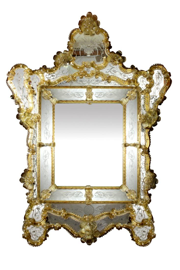 A Venetian Rococo style etched looking glass: A Venetian Rococo style etched looking glass, accented with rosette detail, etched floral sprays, and executed in multiple colors, overall 62"h x 45"w
