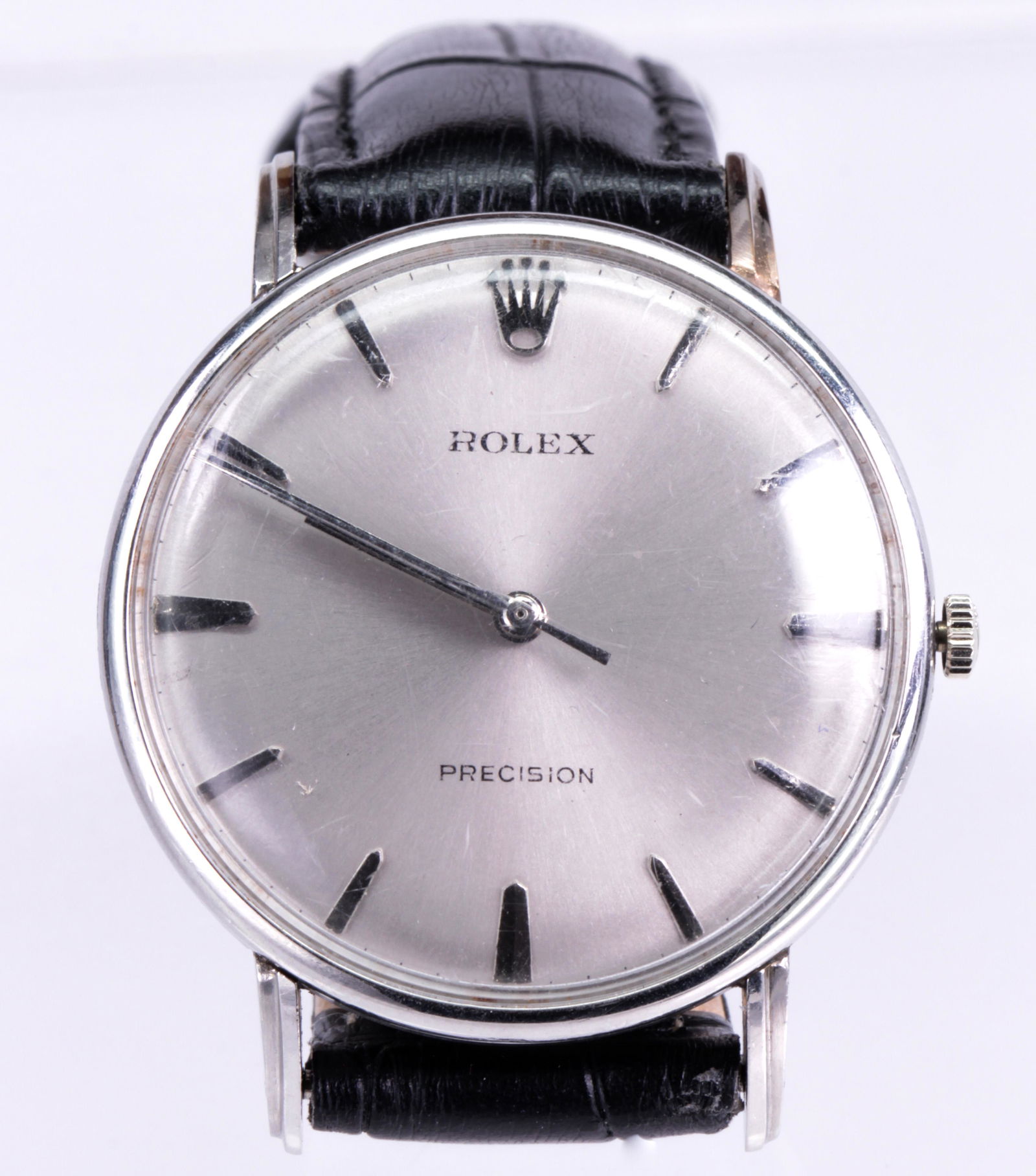 Rolex stainless steel wristwatch REF: 4051: Rolex stainless steel wristwatchREF: 4051Dial: round, silvered, sunburst, applied baton hour markers, outer minutes track, steel baton hands, center sweep seconds hand, Rolex, Precision, SwissMovement