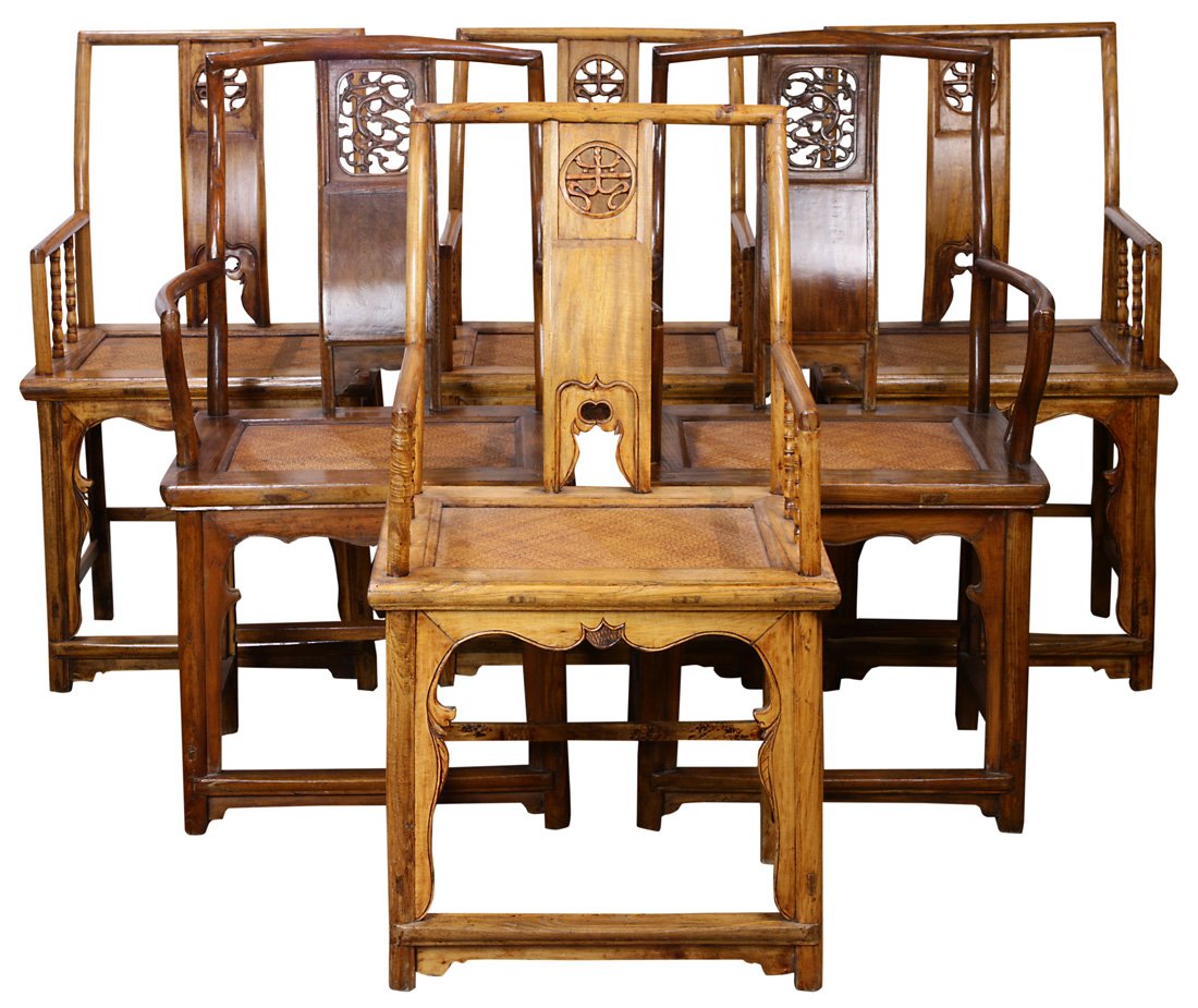 (lot of 6) Chinese elm wood Southern Official hat: (lot of 6) Chinese elm wood Southern Official hat chairs, probably 18th Century, comprising two pairs of lighter colored chairs, 41"h x 19.5"w x 17"d, and a pair of darker stained chairs, 42"h x 24"w