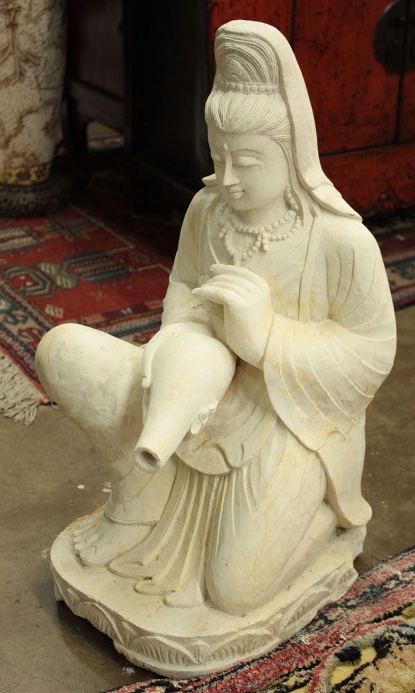 Large Chinese Kneeling Guanyin: Chinese style plaster figure of a bodhisattva, modeled after Guanyin, dressed in long robes and holding an amphora to the front, 24''h