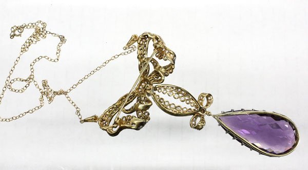 Amethyst pearl diamond bow necklace - 2