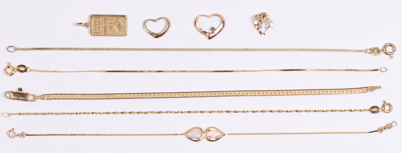 Collection of opal, emerald, white stone, yellow gold: Collection of opal, emerald, white stone, yellow gold jewelryIncluding 3) 14k yellow gold link bracelets, (1) featuring (2) pear opal cabochons, measuring approximately 7 to 6.5 inches in length; (2)