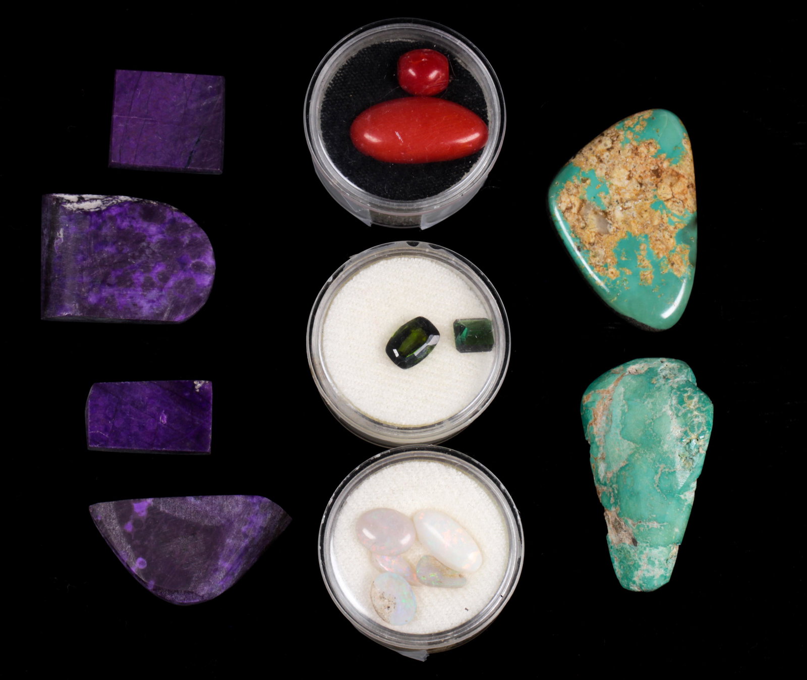 Collection of unmounted multi-stones: Collection of unmounted multi-stonesIncluding 4) sugilite segments, weighing a total of approximately 76.86 cts.; 2) polished and rough turquoise, measuring approximately 35.0 X 24.0 X 3.5 mm; 1) oval