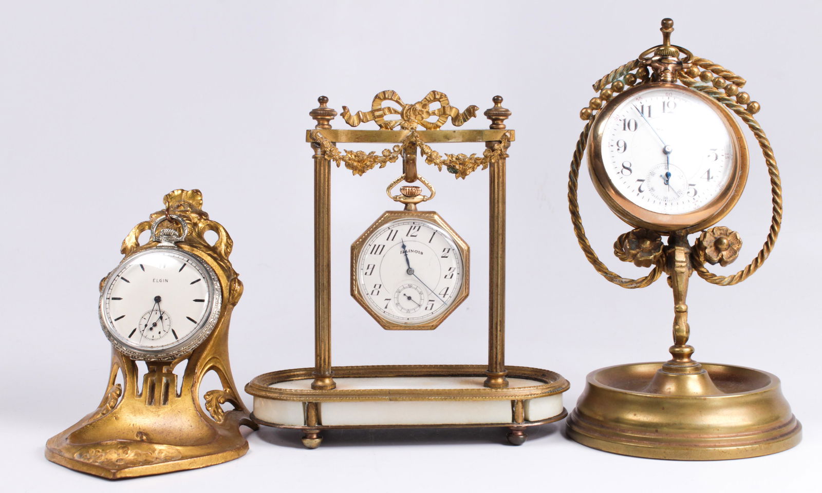 Collection of (3) gold-filled pocket watches and stands (1 of 1)