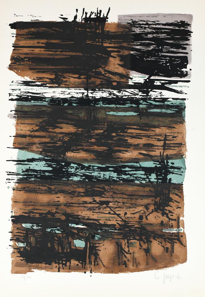 Abstract Prints and Study of a Model: (lot of 3) Ev Gruger (German, b. 1928), Abstract, 1962, screenprint, pencil signed and dated lower right, edition 53/100, French School (20th century), Blue/Green/Black, screenprint, pencil signed ind