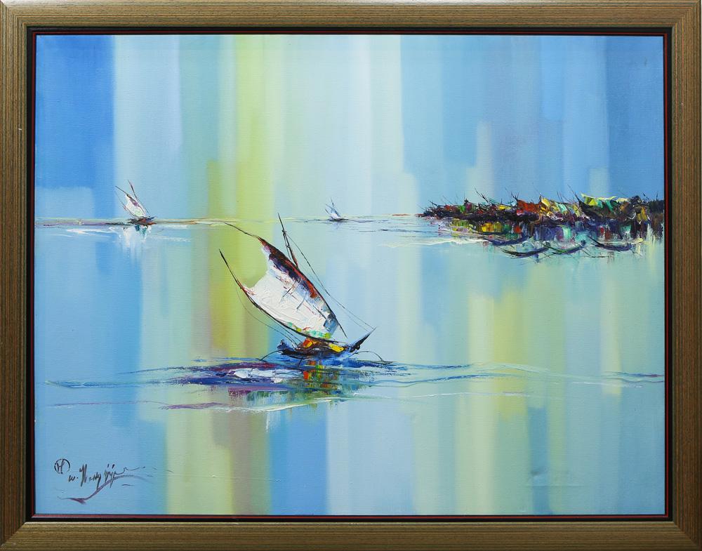 Painting, Balinese School (20th century): Balinese School (20th century), Fishing Boats Along the Coast, oil on canvas, signed indistinctly lower left, overall (with frame): 28.5"h x 37"w