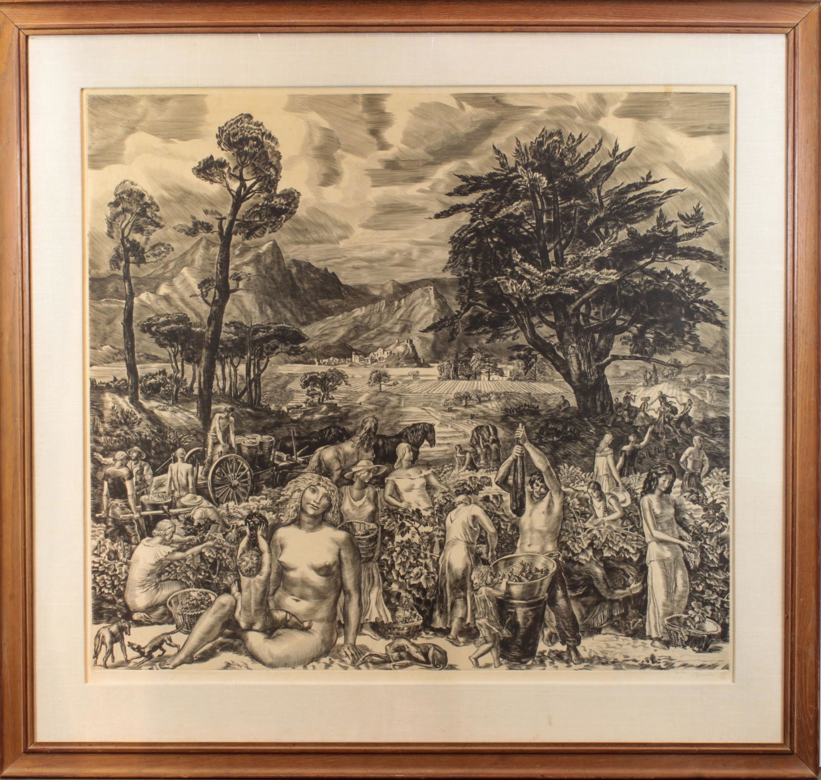 Print, Albert Decaris: Albert Decaris (French, 1901-1988), Harvest Season, etching, pencil signed lower right, edition 10/100, overall (with frame): 44.25"h x 47"w