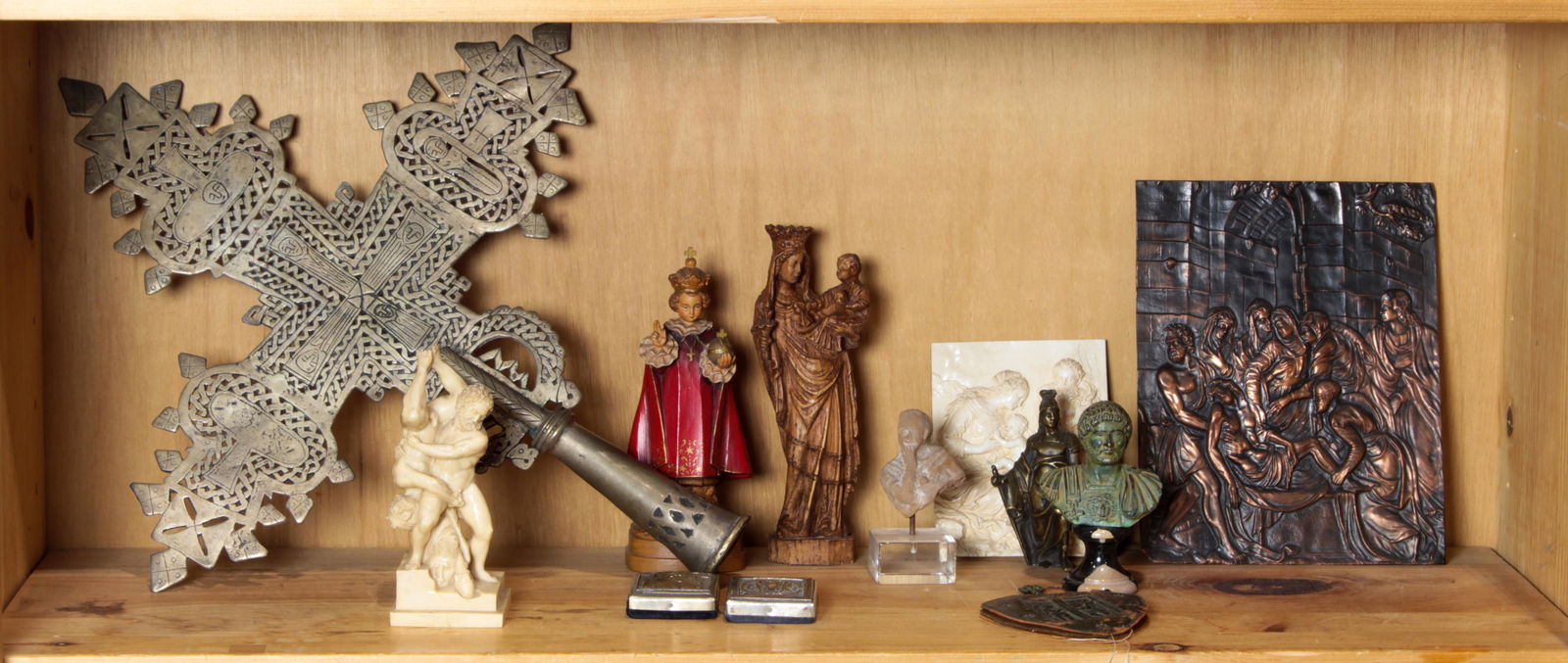 Two shelves of Greco-Roman and Christian figures (1 of 2)